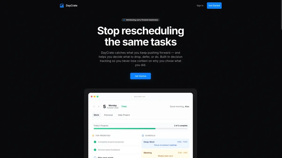 Daycrate public homepage showing its daily planning dashboard preview